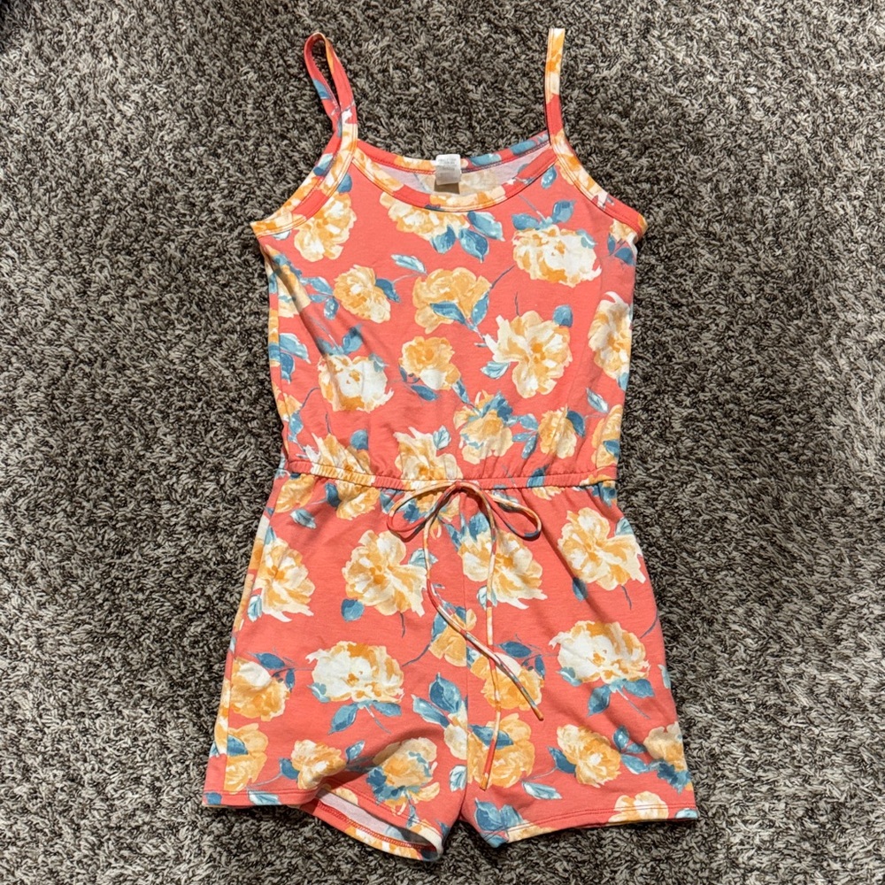 7th Ray Coral Floral Sleeveless Romper with Drawstring